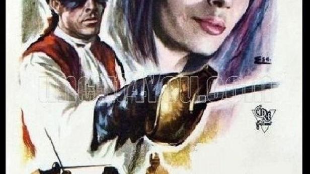 Das Filmplakat für „Der Falke von Kastilien“ zeigt einen maskierten Mann und eine Frau mit einem Degen.