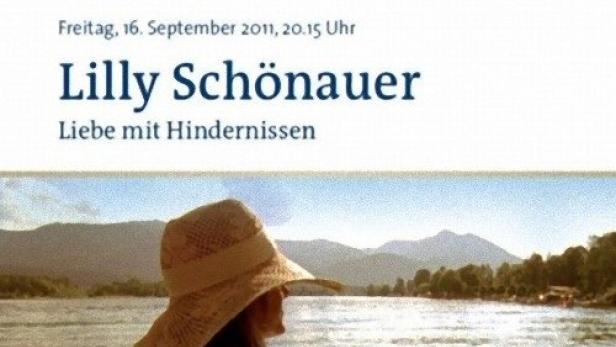 Werbeplakat für „Lilly Schönauer: Liebe mit Hindernissen“ mit einer Frau am See.
