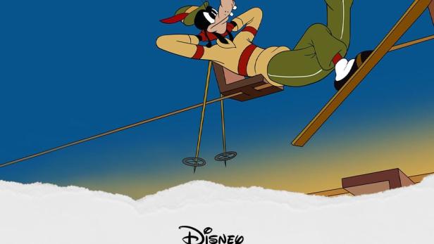 Das Filmplakat für „Goofy Ski Schule“ zeigt Goofy entspannt auf einem Skilift.