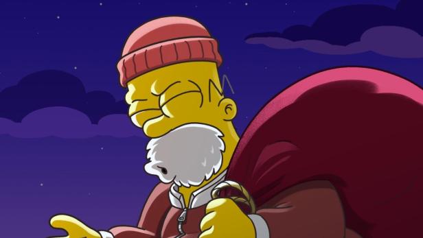 Homer Simpson als Weihnachtsmann auf einem Schornstein mit der Aufschrift „Santa Homer“.