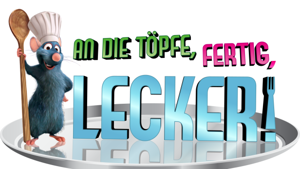 Das Logo für Disney „Ratatouille“ mit der Aufschrift „An die Töpfe, fertig, lecker!“.