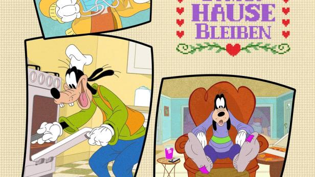 Goofy in verschiedenen Situationen, mit dem Titel „Anleitung zum Zuhause bleiben“.