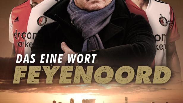 Ein Werbeplakat für Feyenoord Rotterdam mit Spielern und einem Stadion im Hintergrund.