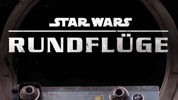 Blick aus dem Cockpit eines Raumschiffs mit dem Schriftzug „Star Wars Rundflüge“.