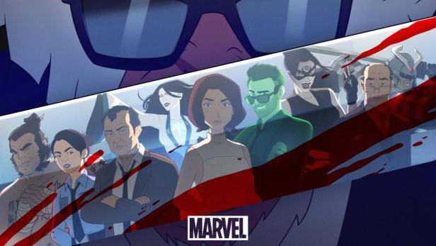 Das Poster für „Hit-Monkey“ zeigt einen Affen mit Sonnenbrille und verschiedene Charaktere.