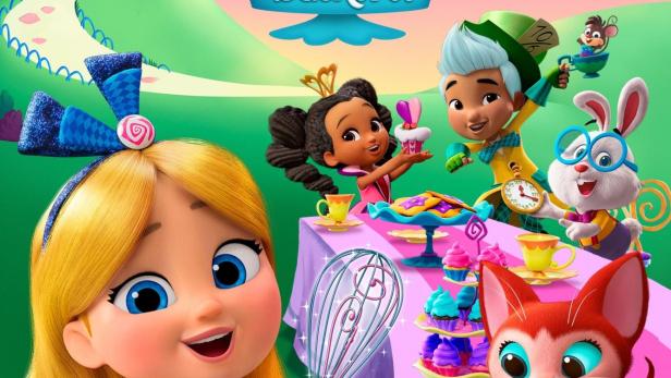 Das farbenfrohe Poster für „Alice in der Wunderland-Bäckerei“ von Disney Junior zeigt Alice und ihre Freunde.