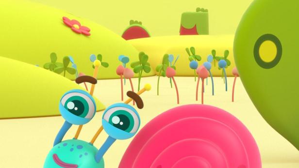 Ein Cartoon-Bild mit dem Titel „Snail Trail“ und einer lächelnden Schnecke.