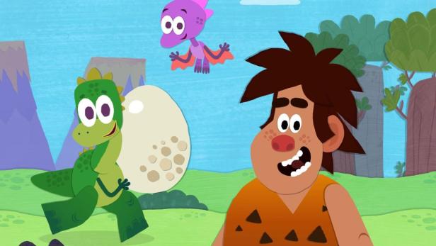 Cartoon-Szene mit Dinosauriern, einem Steinzeitmenschen und dem Titel „Dino & die Eiersuche“.