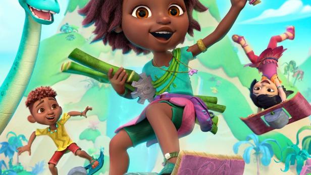 Das Poster für „Eureka! Die kleine Erfinderin“ zeigt die Hauptfigur und ihre Freunde in einer prähistorischen Welt.