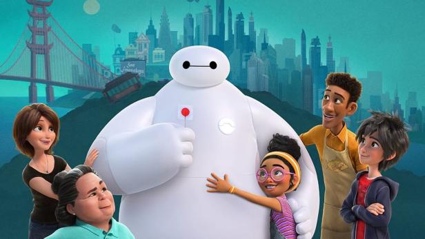 Das Filmplakat zu „Baymax!“ zeigt Baymax mit mehreren Charakteren vor der Skyline von San Fransokyo.
