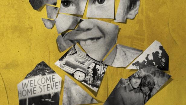 Das Poster für „Captive Audience: A Real American Horror Story“ zeigt ein zerstückeltes Gesicht aus alten Fotos und Zeitungsausschnitten.