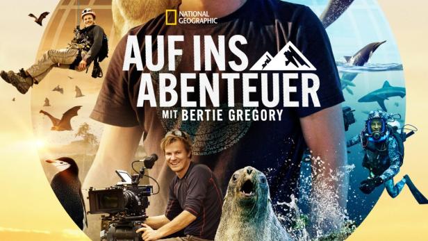 Das Poster für „Auf ins Abenteuer mit Bertie Gregory“ zeigt den Abenteurer mit verschiedenen Tieren und in unterschiedlichen Umgebungen.