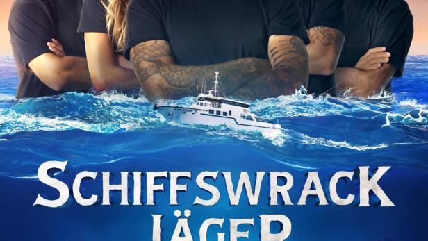 Das Poster der Serie „Schiffswrack-Jäger Australien“ zeigt fünf Personen und ein Schiff über dem Meeresgrund.