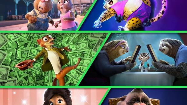 Verschiedene Szenen aus der Disney+-Serie „Zoomania+“ mit den animierten Tierfiguren.