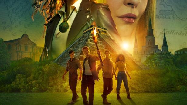 Das Filmplakat für „Das Vermächtnis von Montezuma“ zeigt die Hauptdarsteller vor einer Karte und alten Ruinen.