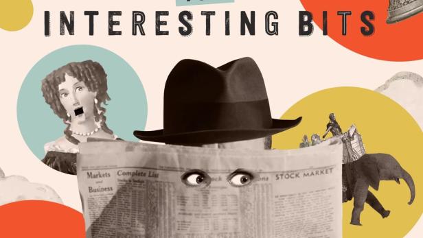 Ein Mann liest eine Zeitung mit dem Titel „Stock Market“ vor einem Hintergrund mit historischen Motiven.