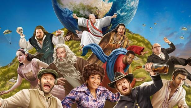 Das Filmplakat für „Die verrückte Geschichte der Welt, Teil II“ zeigt verschiedene historische Figuren vor einer Erdkugel.