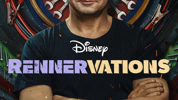 Das Poster für „Rennervations“ mit Jeremy Renner vor Werkzeugen und dem Disney-Logo.