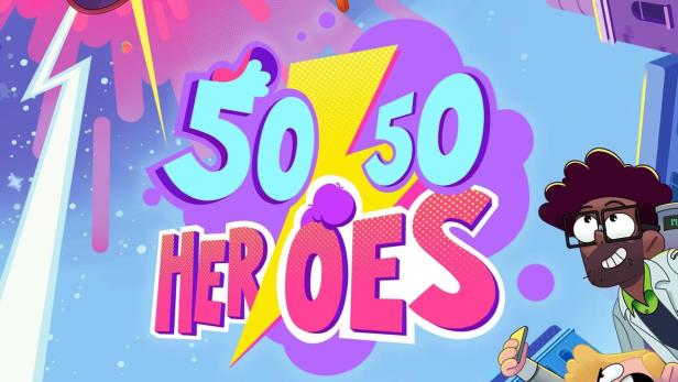Das farbenfrohe Poster für die Zeichentrickserie „50/50 Heroes“ zeigt eine Gruppe von Comicfiguren vor einer Stadtkulisse.