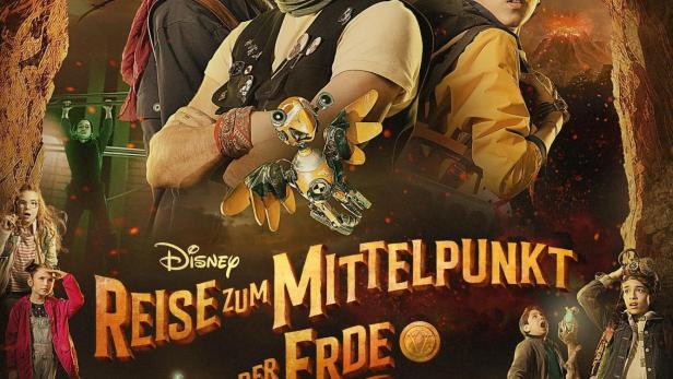Das Filmplakat für „Reise zum Mittelpunkt der Erde“ zeigt eine Gruppe von Abenteurern in einer Höhle voller Gefahren.