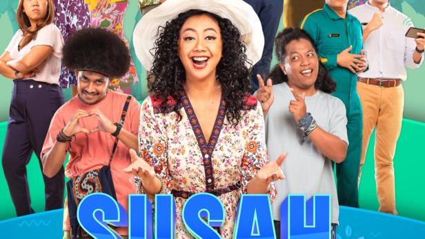 Das Ensemble der Serie „Susah Sinyal“ posiert vor einem tropischen Hintergrund.