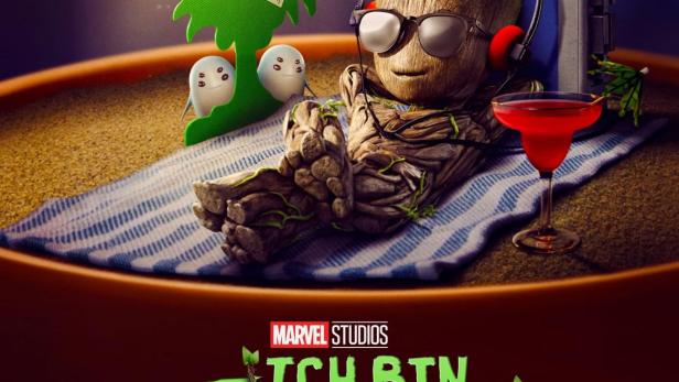 Groot entspannt mit Kopfhörern, Sonnenbrille und Cocktail am Strand in „Ich bin Groot“.