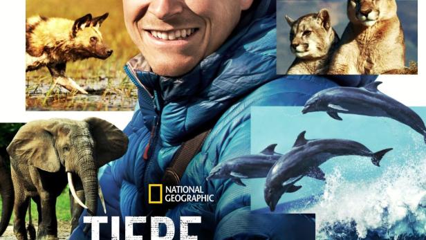 Ein Mann lächelt vor einer Collage verschiedener Tiere und Landschaften für „Tiere hautnah mit Bertie Gregory“.