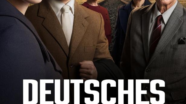 Das Filmplakat für „Deutsches Haus“ zeigt fünf Personen vor dem Hintergrund von Auschwitz.