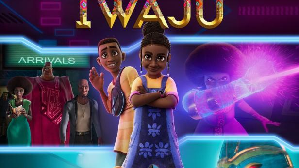 Das animierte Poster für „Iwájú“ zeigt die Hauptfiguren vor einem futuristischen Hintergrund.
