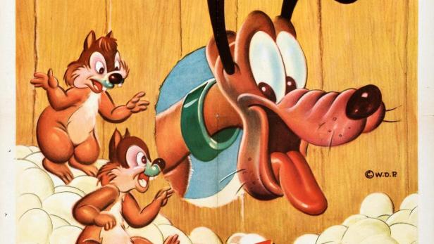 Das Filmplakat für Walt Disneys „Food for Feudin‘“ mit Pluto, Chip und Chap.