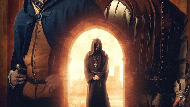 Das Poster für „Shardlake“ zeigt drei Männer und einen Mönch vor einem Torbogen.