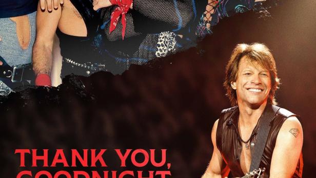 Das Filmplakat für „Thank You, Goodnight: The Bon Jovi Story“ zeigt die Band in jungen und reiferen Jahren.
