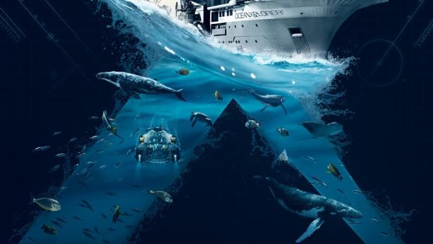 Das Key Visual für „OceanXplorers“ zeigt ein Forschungsschiff, Wale, Fische und ein U-Boot.