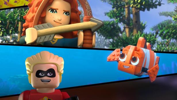 Das LEGO Pixar „Bricktoons“-Poster zeigt Lightning McQueen, Miguel, Merida, Mr. Incredible und Nemo.
