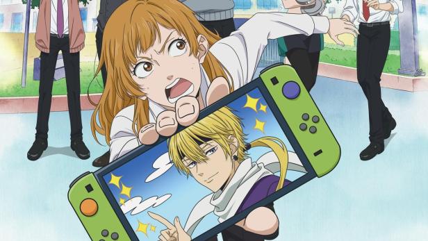 Das Anime-Poster für „Murai in Love“ zeigt eine Frau, die ein Spielgerät mit einem Mann darauf hält, umgeben von anderen Charakteren.