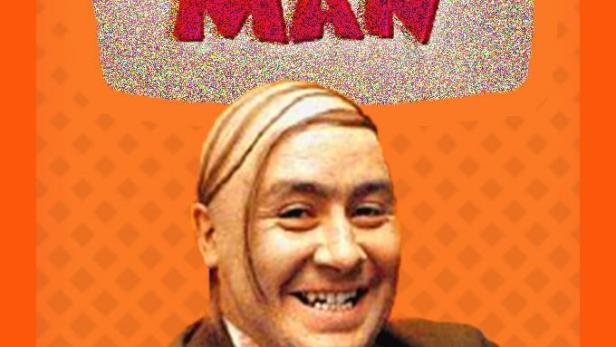 Ein Mann lächelt vor dem Titelbild von „The Baldy Man“.