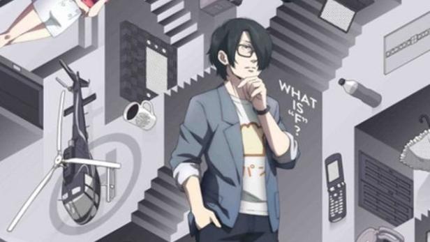 Ein Mann mit Brille steht vor einer surrealen, treppenartigen Anordnung von Objekten.