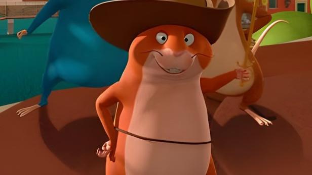 Das animierte Filmplakat für „Die Muskeltiere“ zeigt vier anthropomorphe Nagetiere.