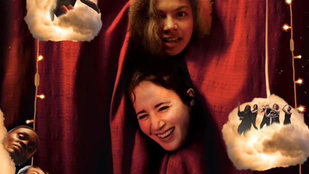 Das Filmplakat für „Madeline's Madeline“ zeigt mehrere Gesichter und Wolken vor einem roten Vorhang.