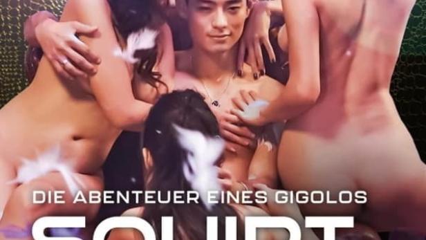 Das Filmplakat für „Squirt Game“ zeigt einen Mann, umgeben von mehreren Frauen.