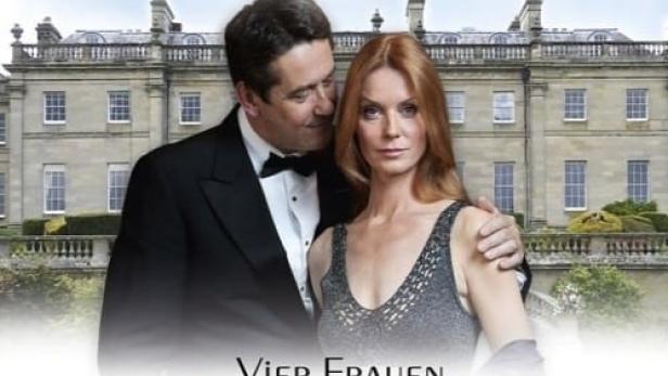 Das Filmplakat zu „Vier Frauen – Olivias Schicksal“ nach Rosamunde Pilcher zeigt ein Paar vor einem Herrenhaus.