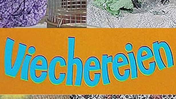 Collage mit einer Frau, einem Papagei, einer Schildkröte, dem Wort „Viechereien“ und einer Katze.