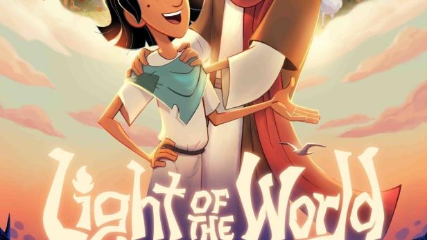 Ein animiertes Bild mit Jesus und einem Jungen vor einer biblischen Szenerie, betitelt „Light of the World“.