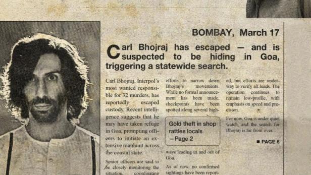 Eine Zeitungsseite berichtet über die Flucht des mutmaßlichen „Badeanzug-Mörders“ Carl Bhojraj.