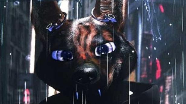 Das Filmplakat für „Bouchra“ zeigt eine anthropomorphe Hundeähnliche Kreatur im Regen.