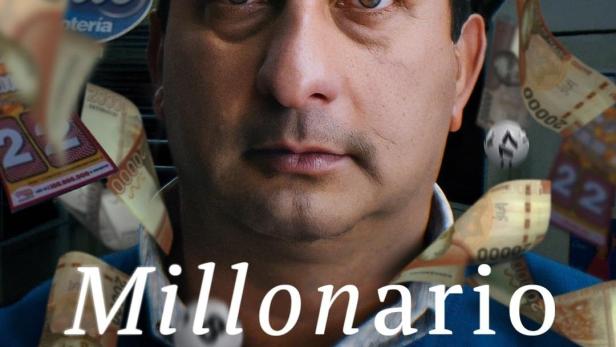Das Filmplakat für „Millonario“, eine Netflix-Dokumentation, zeigt einen Mann umgeben von Geldscheinen und Lottoscheinen.