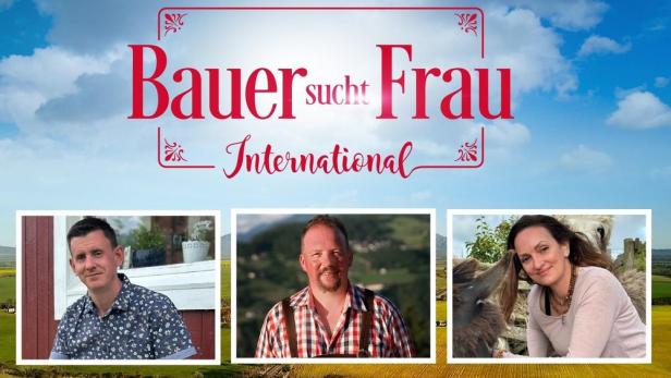 Das Logo von „Bauer sucht Frau International“ mit drei Porträts von Teilnehmern.