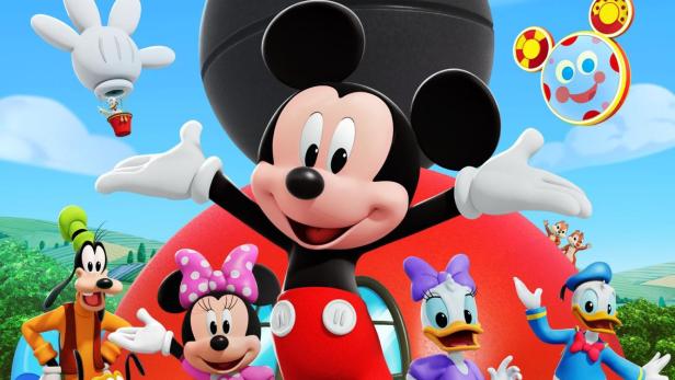 Das Titelbild der Kinderserie „Micky Maus Wunderhaus“ mit Micky, Minnie, Donald, Goofy, Daisy und Pluto.