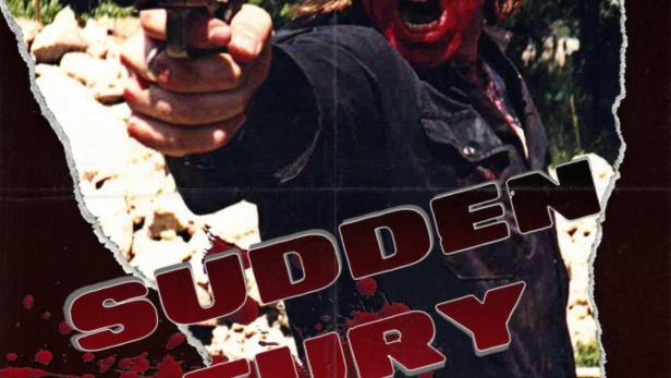 Ein blutverschmierter Mann zielt mit einer Pistole auf dem Filmplakat von „Sudden Fury“.