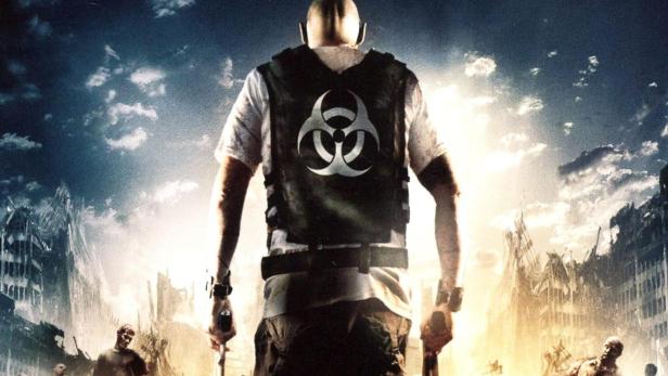 Ein Mann mit Waffen steht inmitten einer zerstörten Stadt voller Zombies. Das Cover von „The Zombie Diaries“ ist zu sehen.